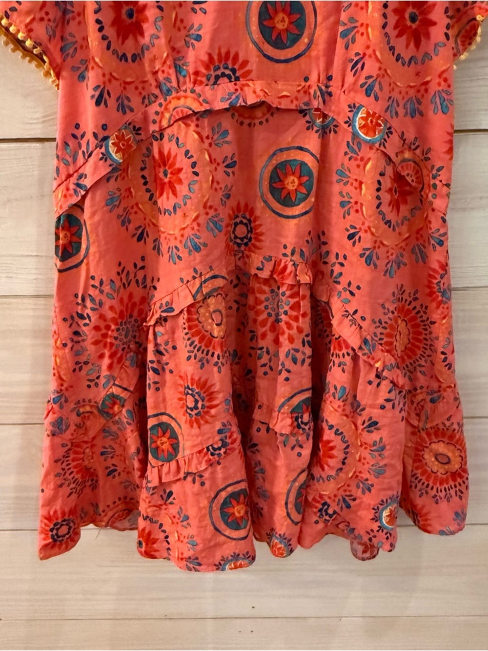 THML Floral Ruffle Mini Dress Small Bright Spring Summer Tiered Boho pom trim - Picture 5 of 11